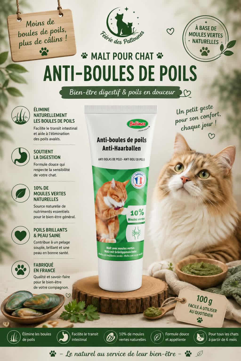 🐱 Malt pour Chat à la Moule Verte – Anti‑Boules de Poils & Confort Digestif (100 g)