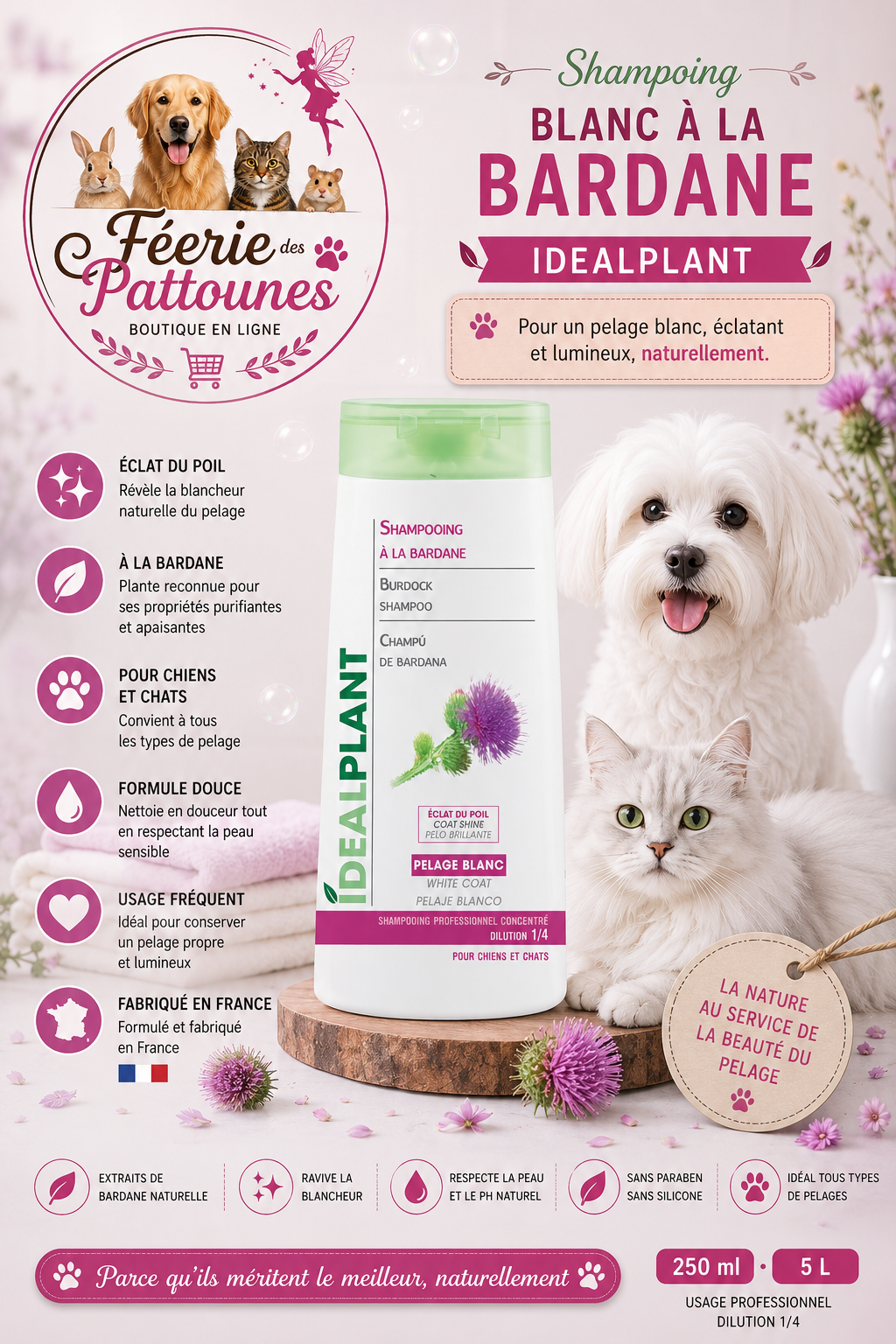 ❄️🌿 Shampooing Blanc à la Bardane & Thuya – IdealPlant (250 ml • 5 L)