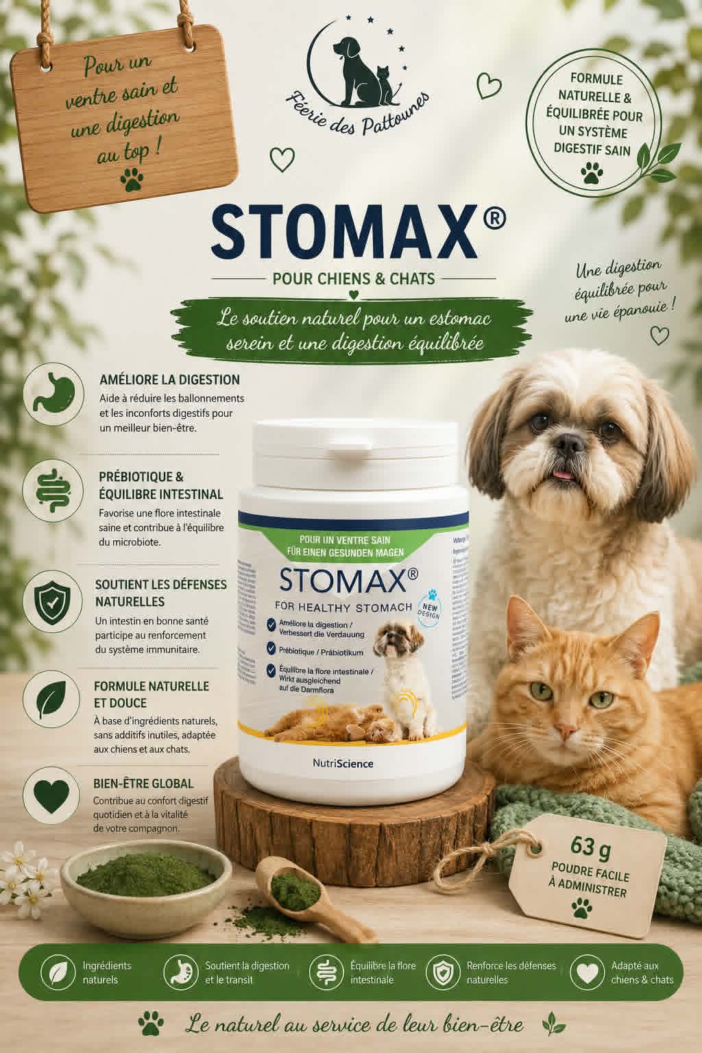 🐾 Stomax Poudre – Prébiotique Digestif Chien & Chat (63 g)