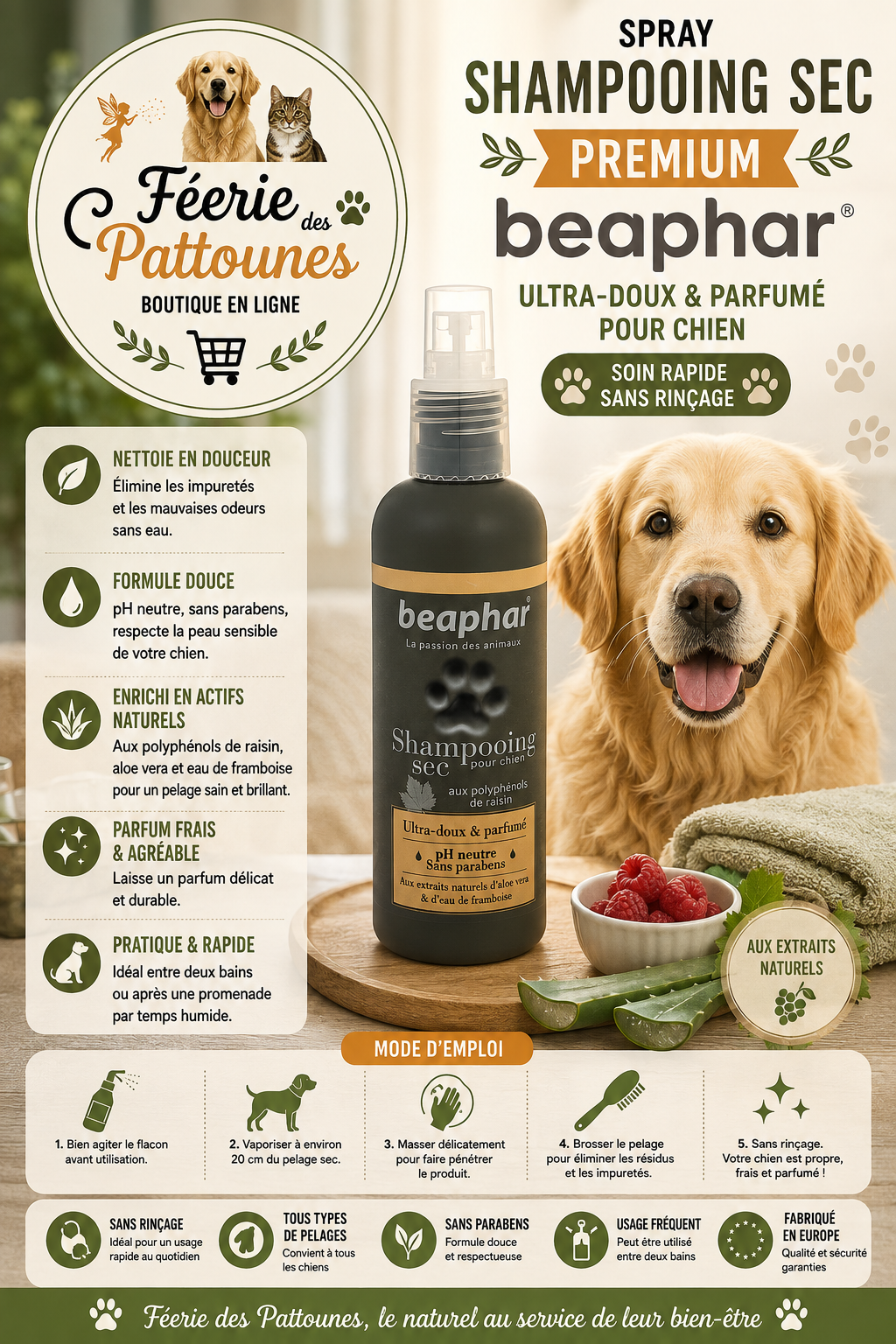 ✨🐶 Spray Shampooing Sec Premium – Beaphar (200 ml)