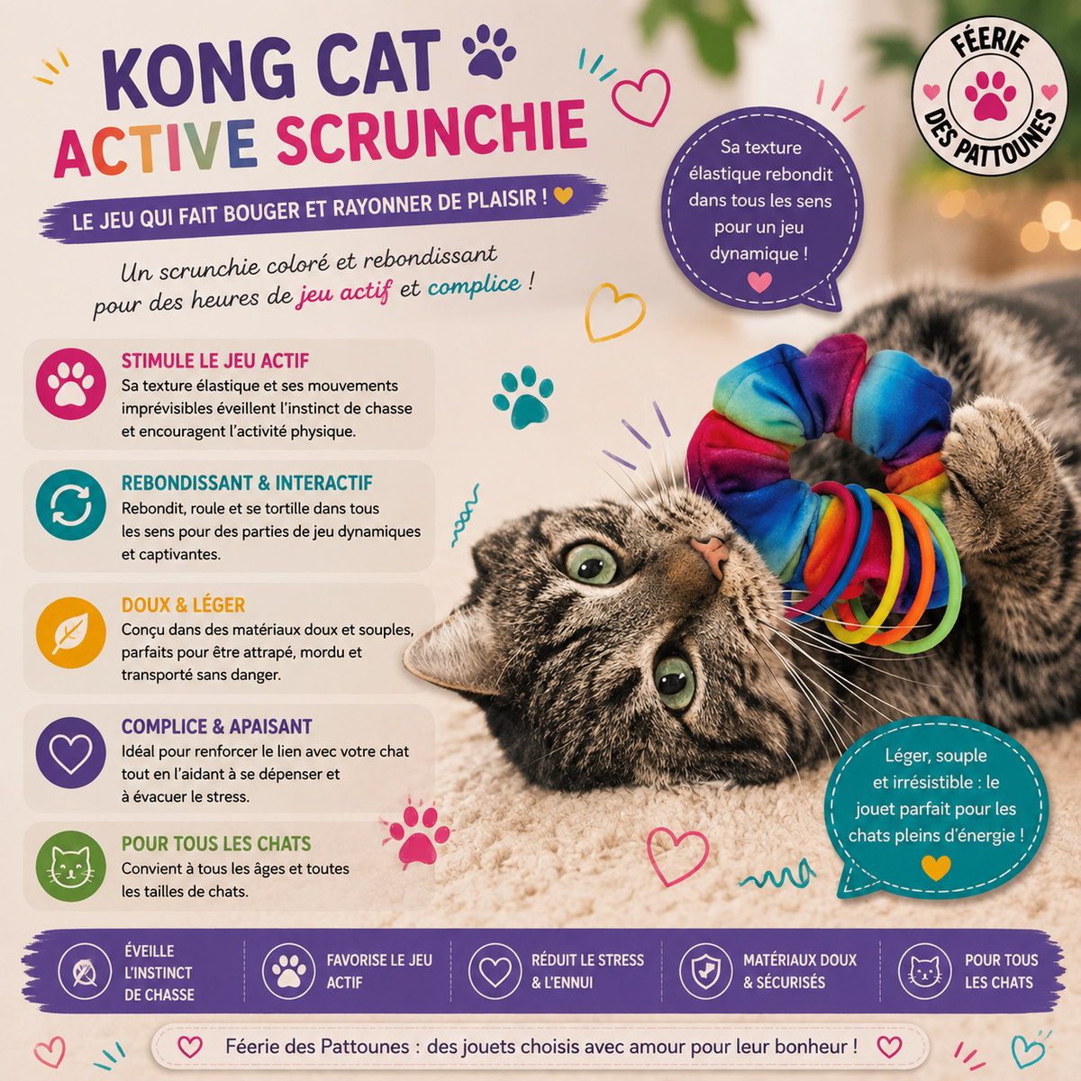 🌈 KONG® Cat Active Scrunchie – Jouet Arc‑en‑Ciel Sensoriel (8 cm)