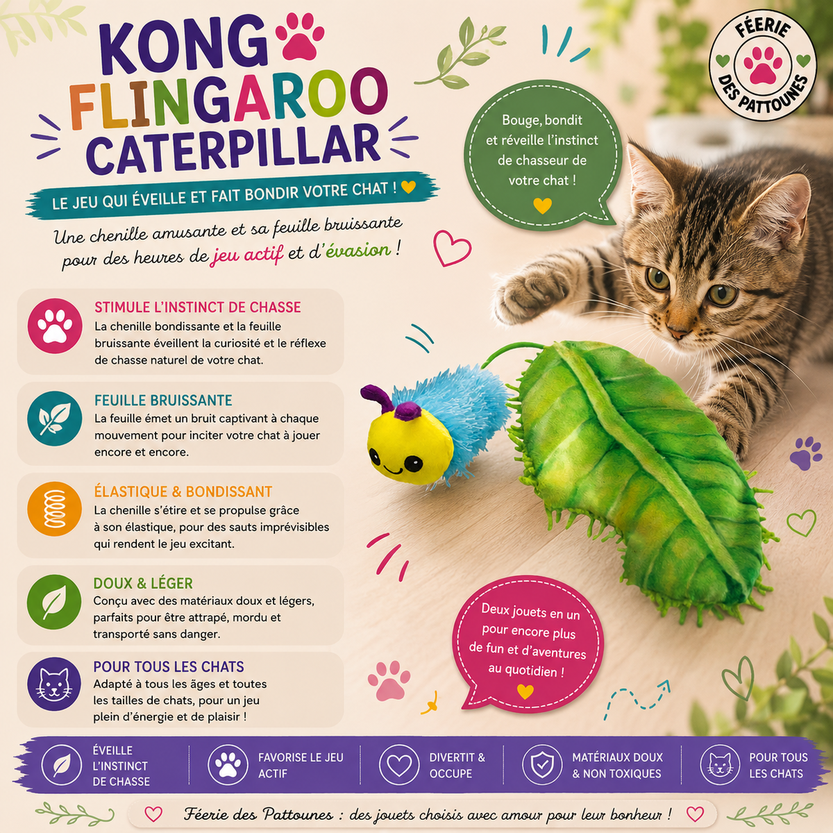 🐛 KONG® Flingaroo Caterpillar – Jouet Chenille Élastique & Crépitante