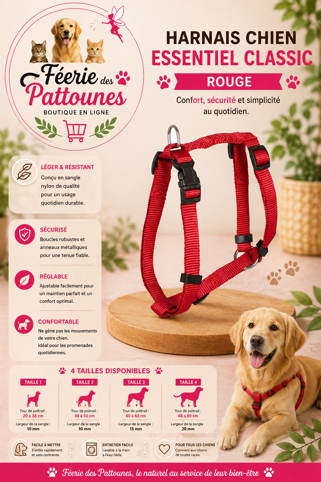 🔴🐶 Harnais Essentiel Classic – Rouge (Tailles 1 • 2 • 3 • 4)