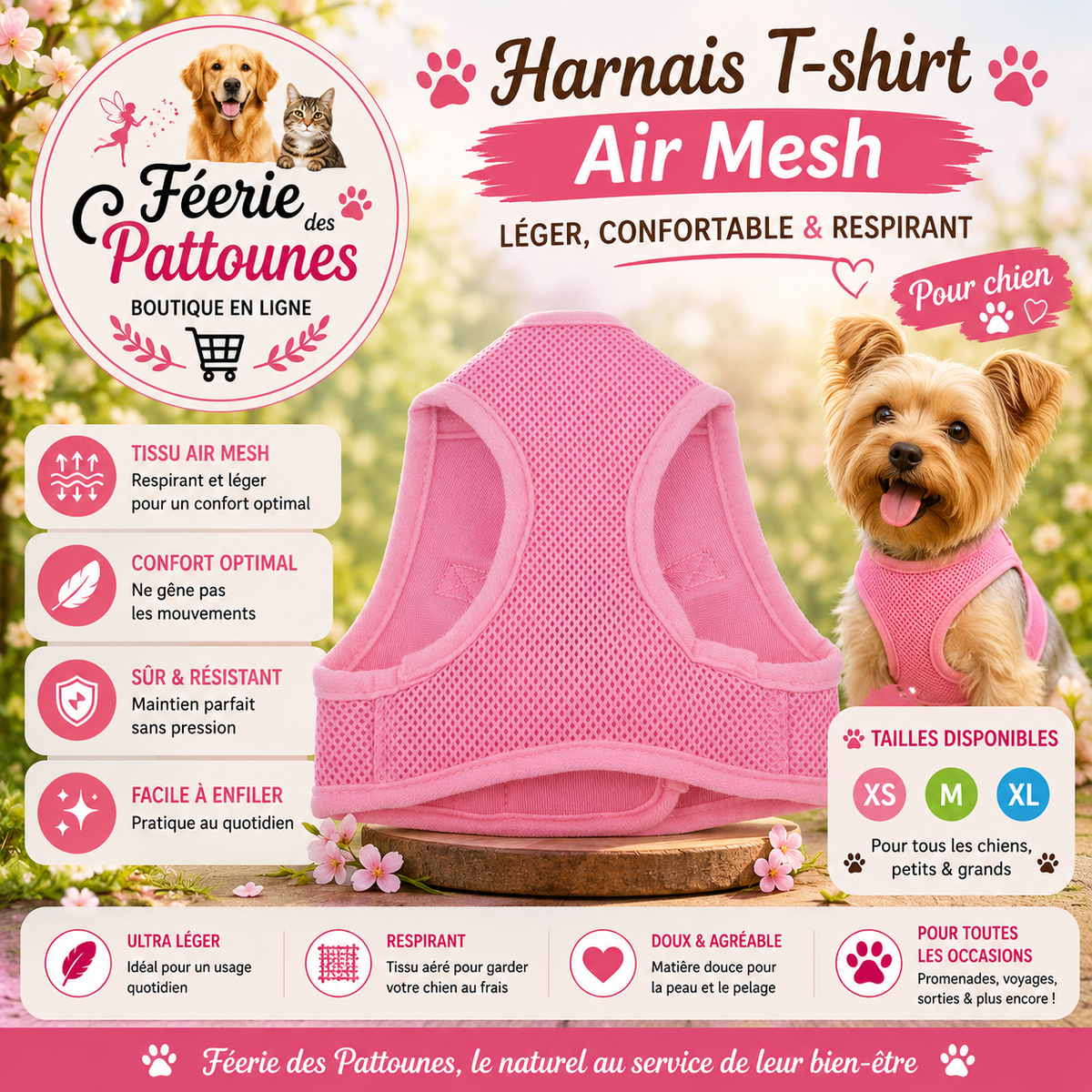 🌸🐶 Harnais Tee‑shirt Air Mesh Classic – Rose (Tailles XS • M • XL)