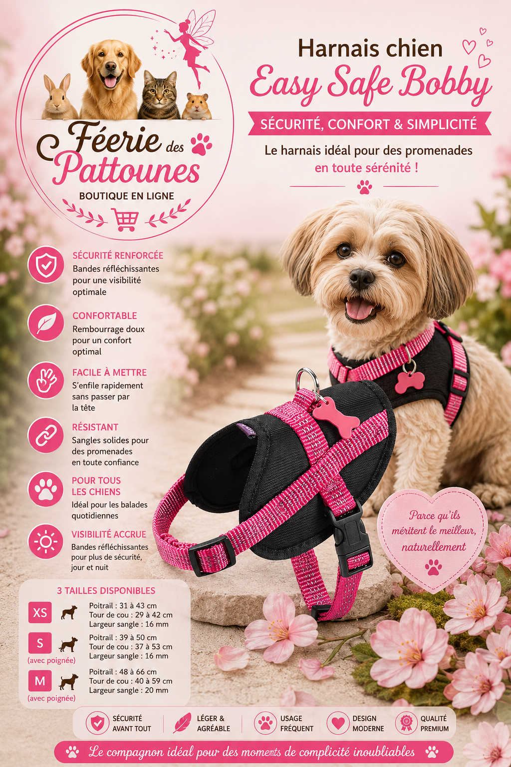 🌸🐶 Harnais Bobby Easy Safe – Rose (Tailles XS • S • M)