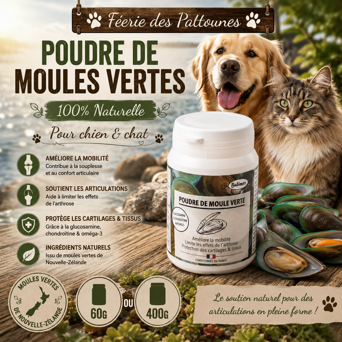 🟢 Poudre de Moules Vertes – Mobilité & Articulations (60 g • 400 g)