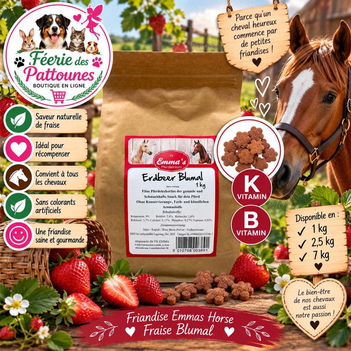 🍓🐴 Emmas Horse – Friandises Fraise Blumal (1 kg • 2,5 kg • 7 kg)