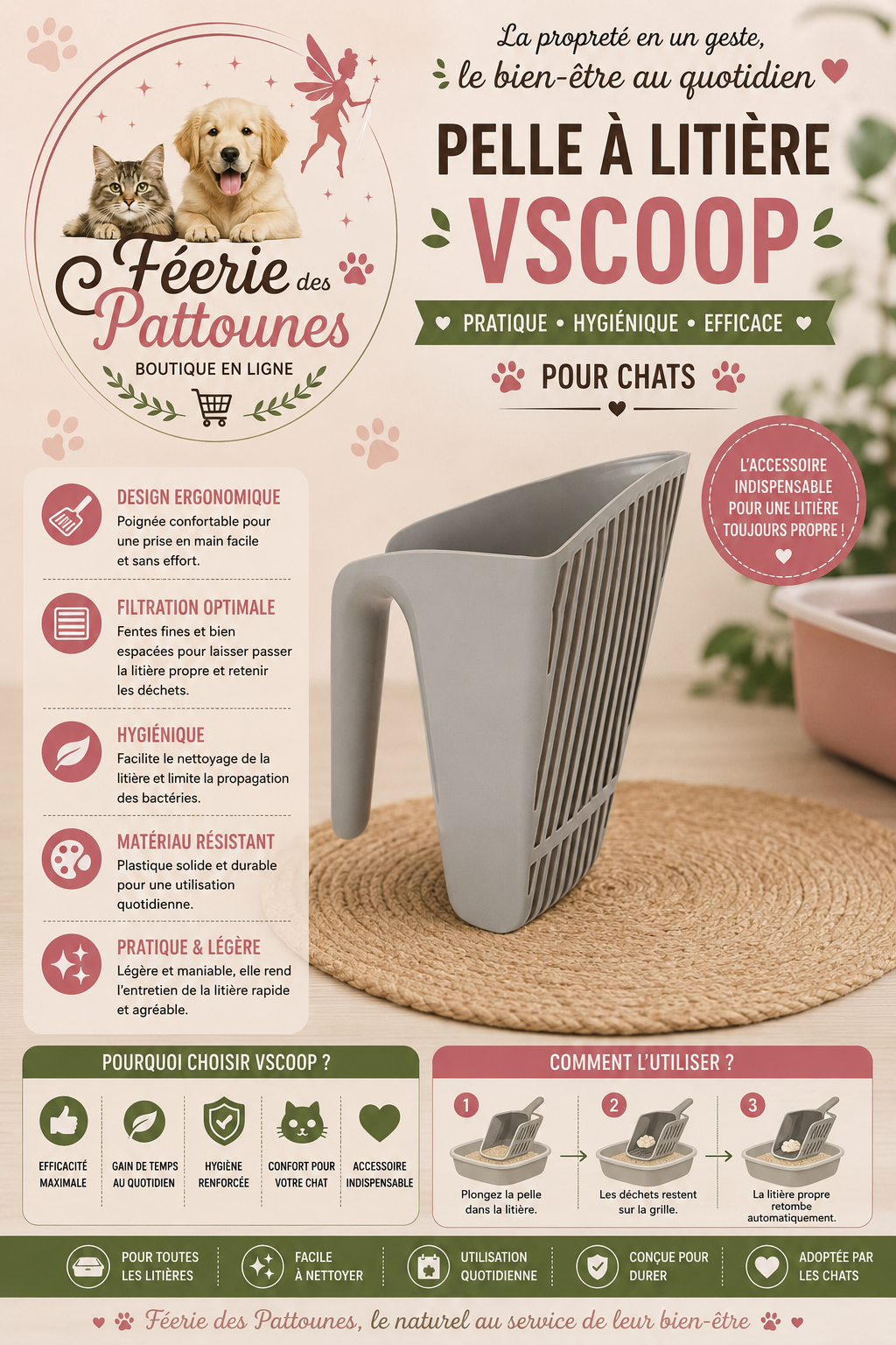 🧼 Pelle à Litière VScoop – Tamisage Rapide & Prise en Main Optimisée