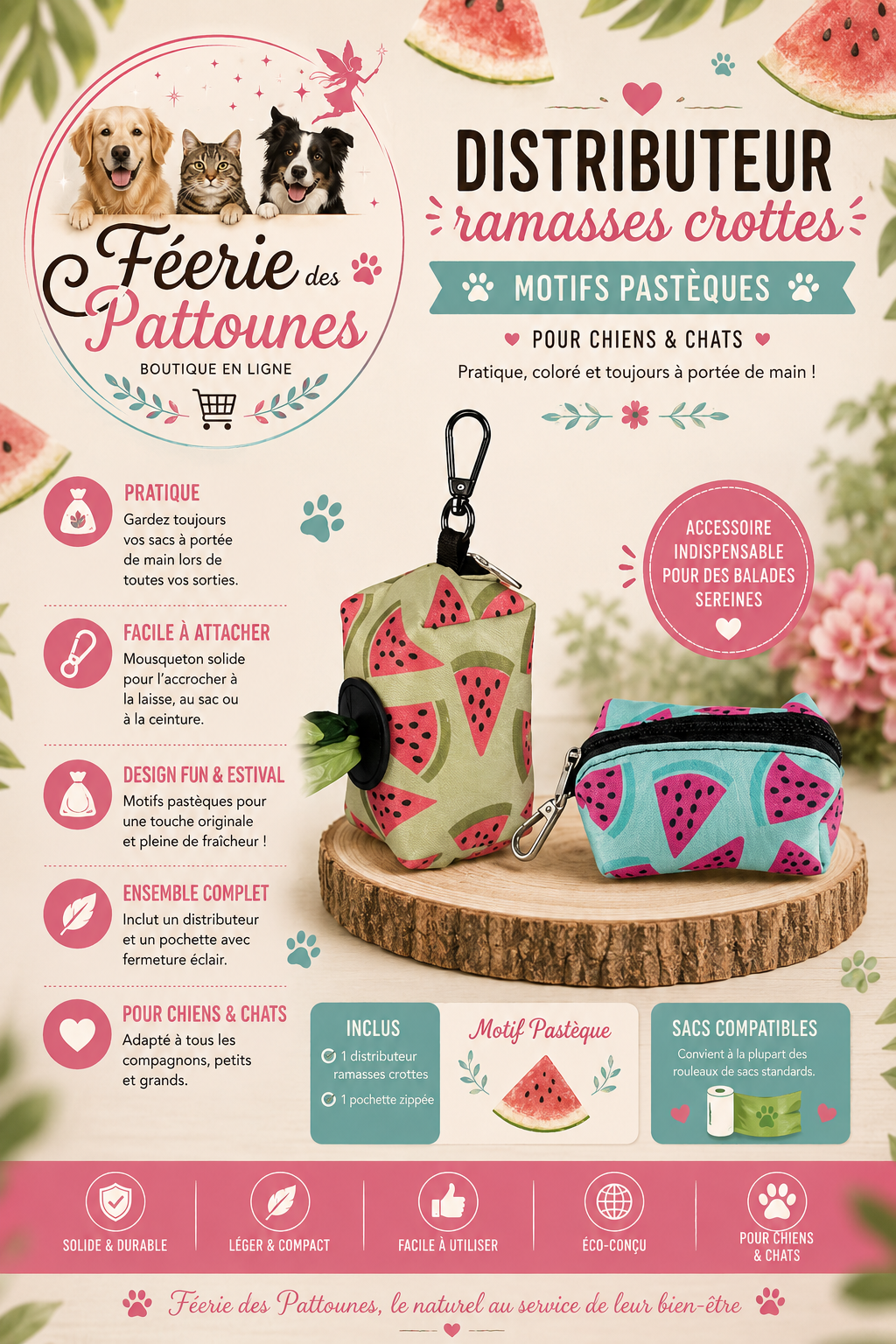 🍉 Distributeur de Sachets Ramasse‑Crottes – Motifs Pastèques (7 × 6,5 × 4,5 cm)