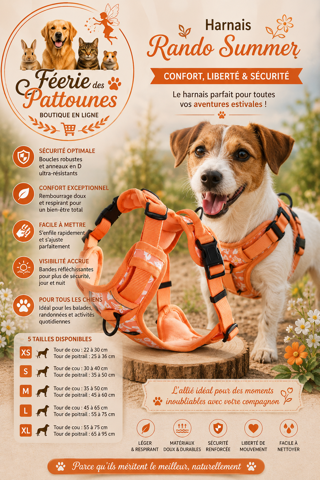 🟧🐶 Harnais Rando Summer – Orange (Tailles XS • S • M • L • XL)
