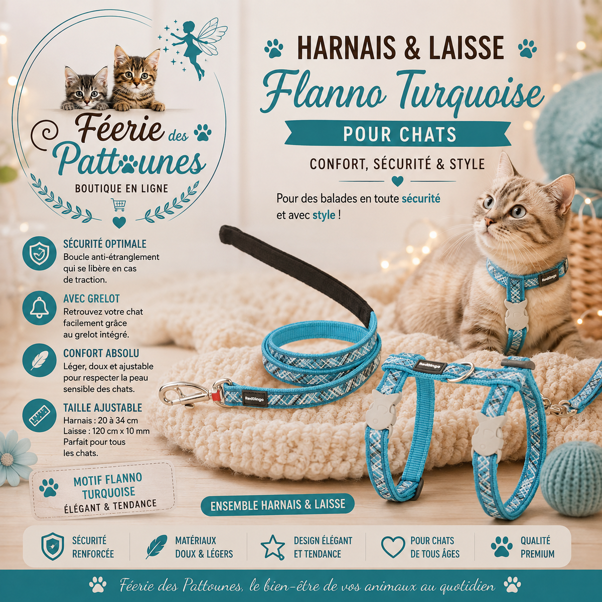 💠🐾 Harnais & Laisse Fantaisie Flanno Turquoise – Red Dingo (Chat)