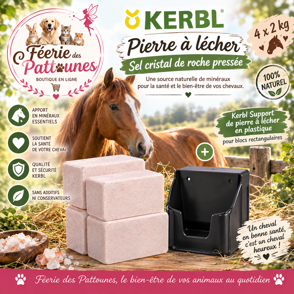 🧂🐴 Kerbl – Pierre à Lécher en Sel de Cristal de Roche Pressée (4 × 2 kg) + Support Plastique
