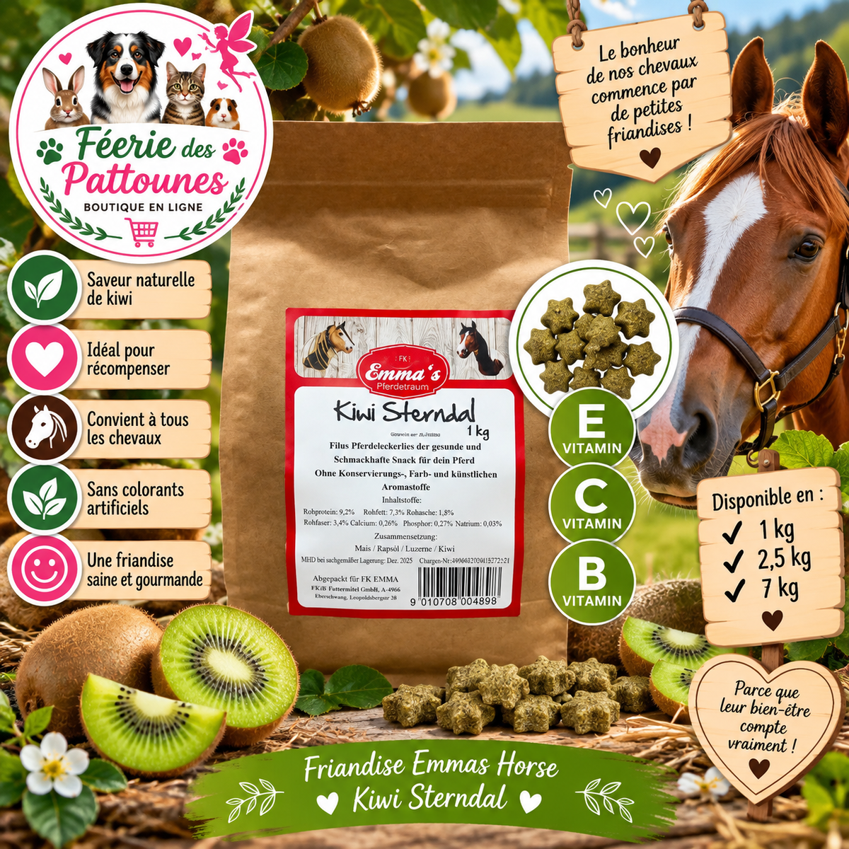 🥝⭐🐴 Emmas Horse – Friandises Kiwi Sterndal (1 kg • 2,5 kg • 7 kg)