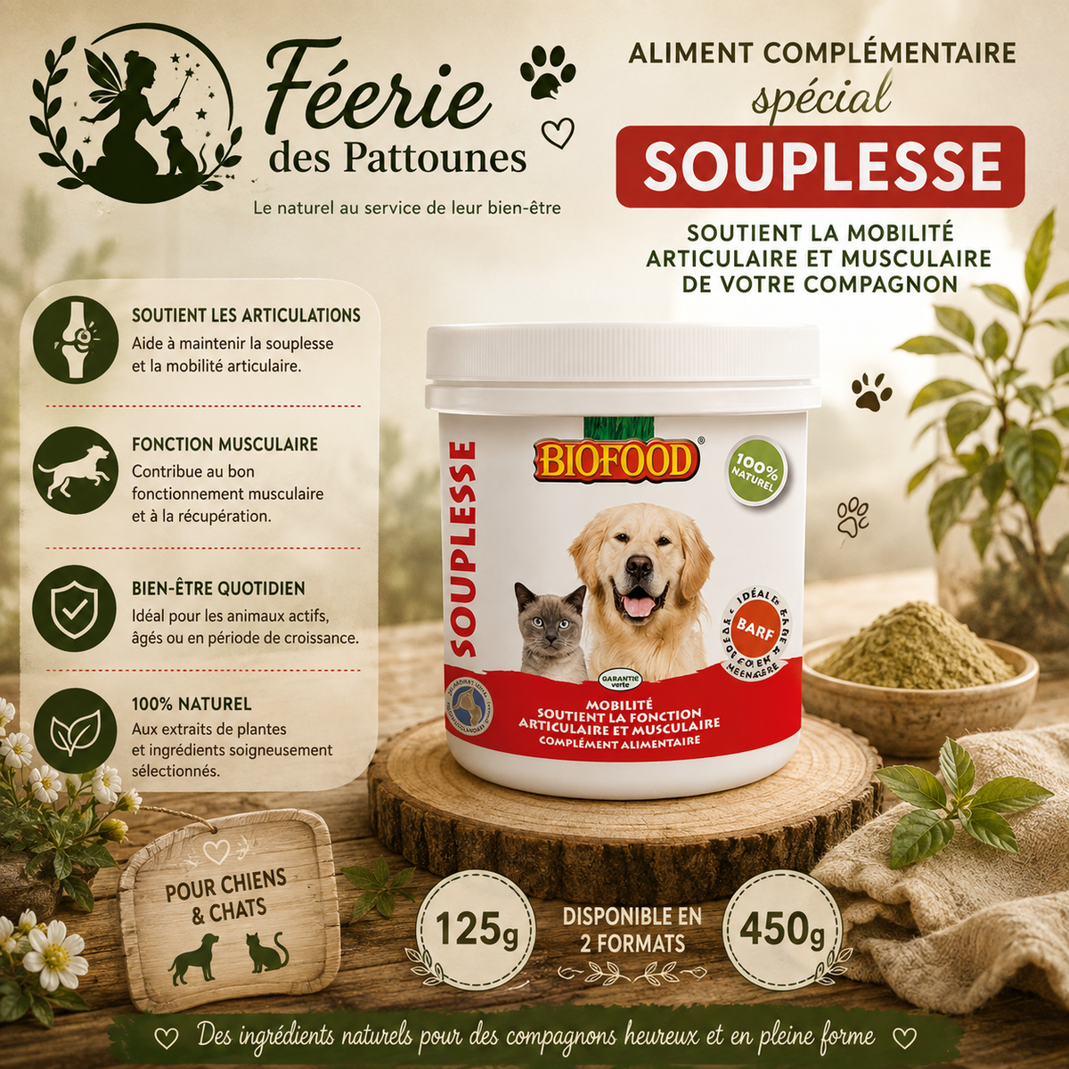 🦴 Aliment Complémentaire Spécial Souplesse – Mobilité & Articulations (125 g • 450 g)