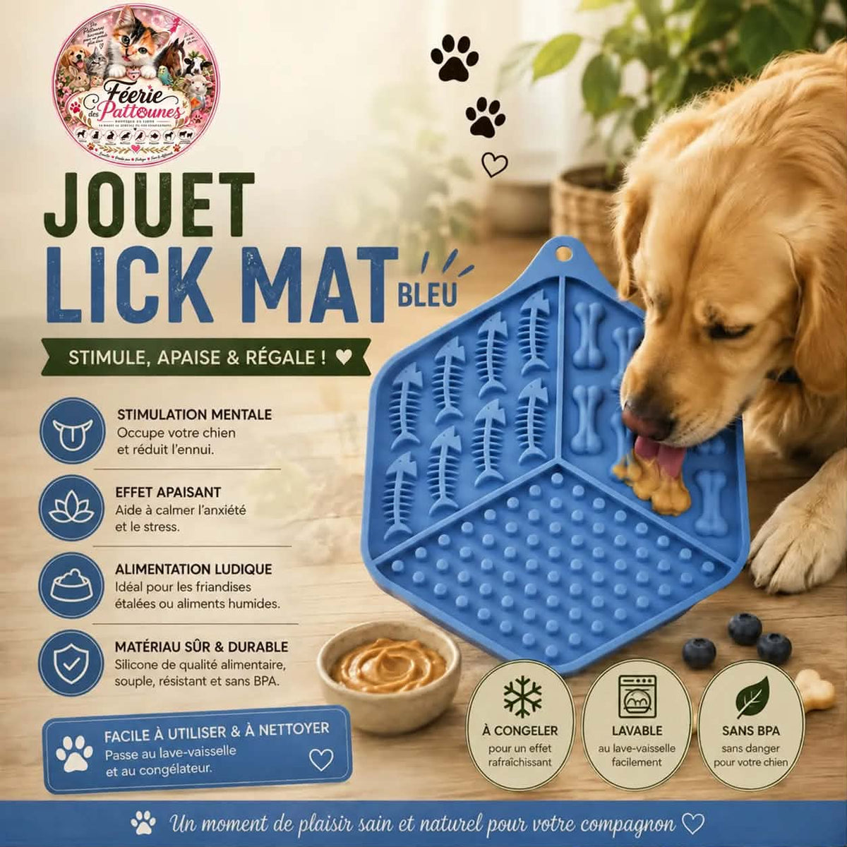 🔵 Lick Mat Bleu – Tapis de Léchage à Ventouses (18,5 × 15,5 cm)
