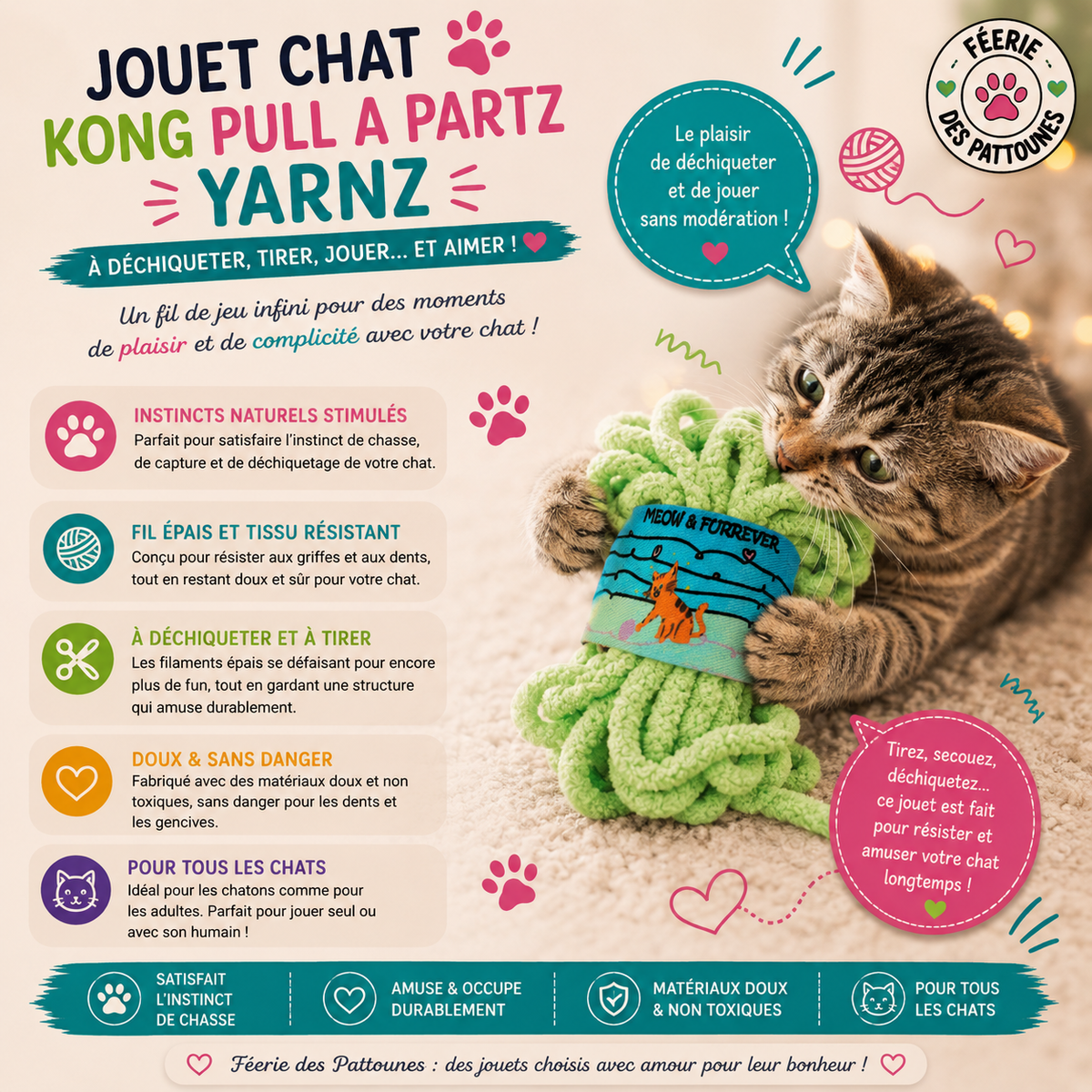 🧶 KONG® Pull‑A‑Partz Yarnz – Pelote + Souris Intérieure & Herbe à Chat
