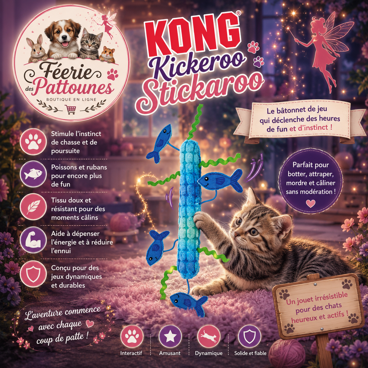 🐾 KONG® Kickeroo Stickeroo – Jouet Allongé Crépitant & Herbe à Chat (26 cm)