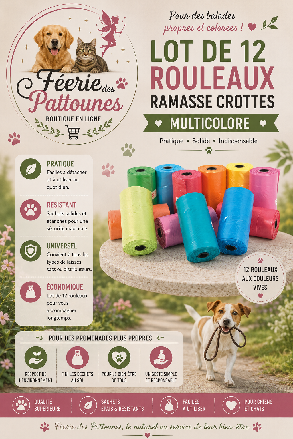 🌈 Lot de 12 Rouleaux Ramasse‑Crottes Multicolores – 20 Sacs par Rouleau