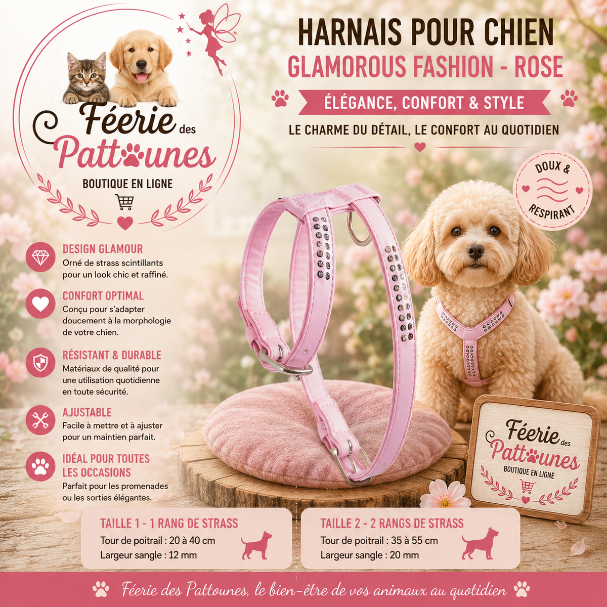 🌸✨🐶 Harnais Glamorous Fashion – Rose (Tailles 1 • 2)