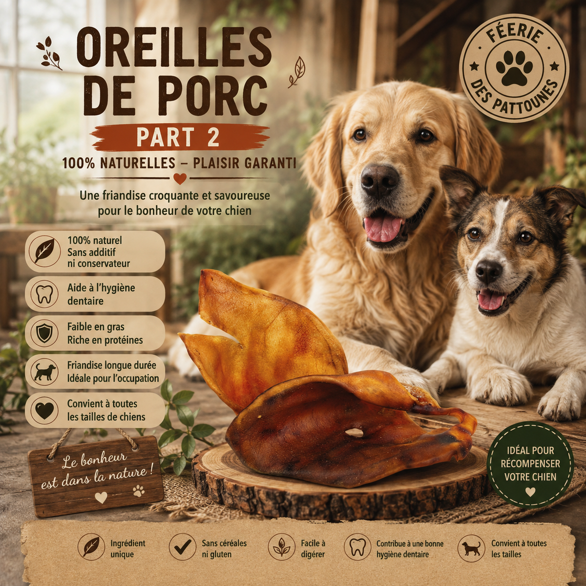 🐖 Oreilles de Porc – Friandises Naturelles pour Chien Lot de 2