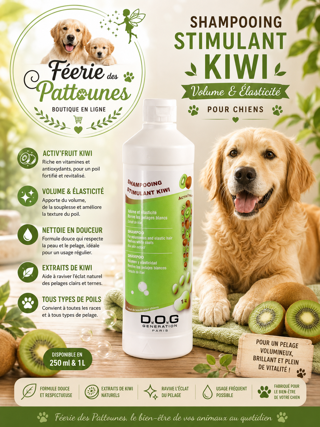 🥝 Shampoing Stimulant Kiwi – Dog Génération (250 ml • 1 L)