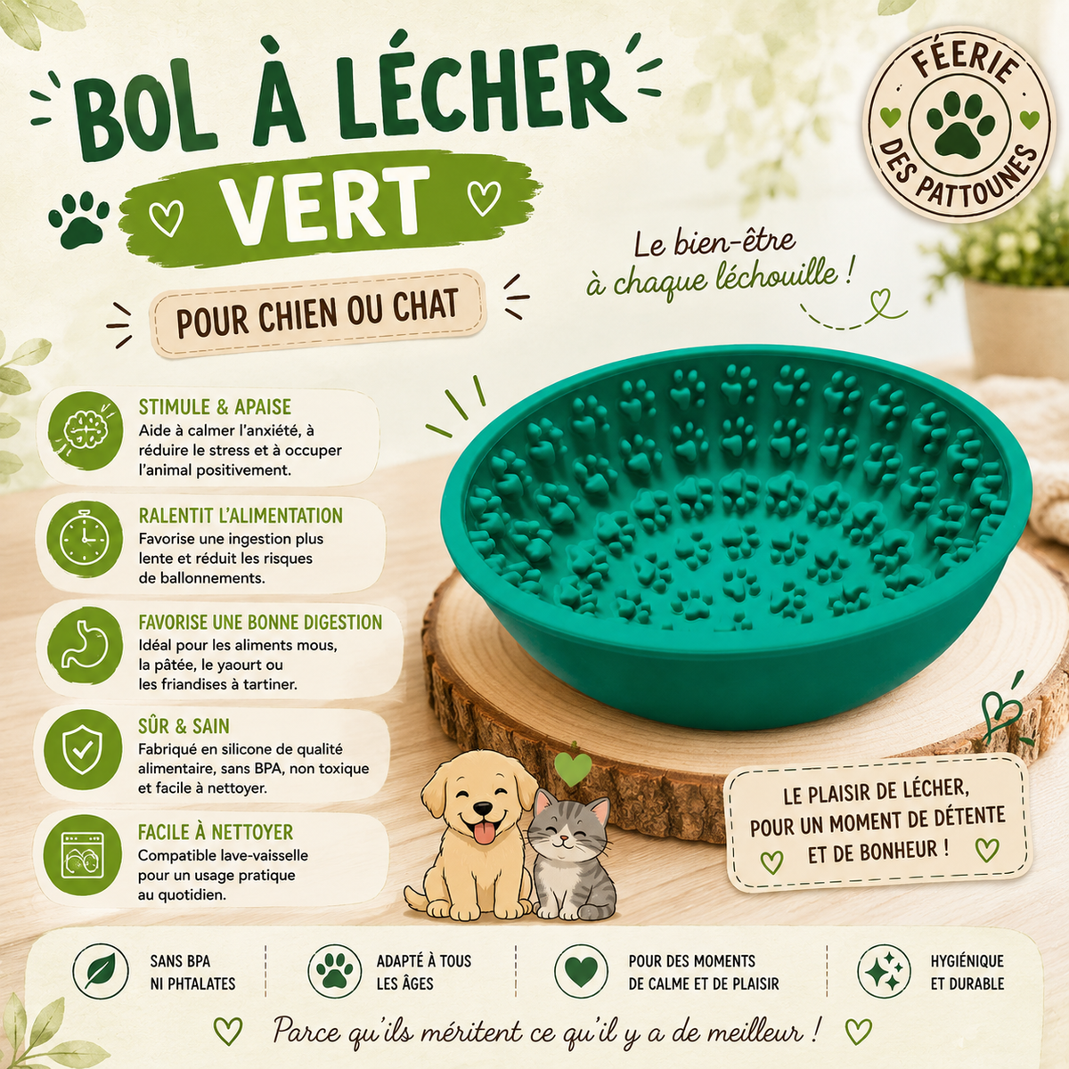 🟢 Bol à Lécher Vert – Stimulation & Apaisement (Ø 16,5 cm)