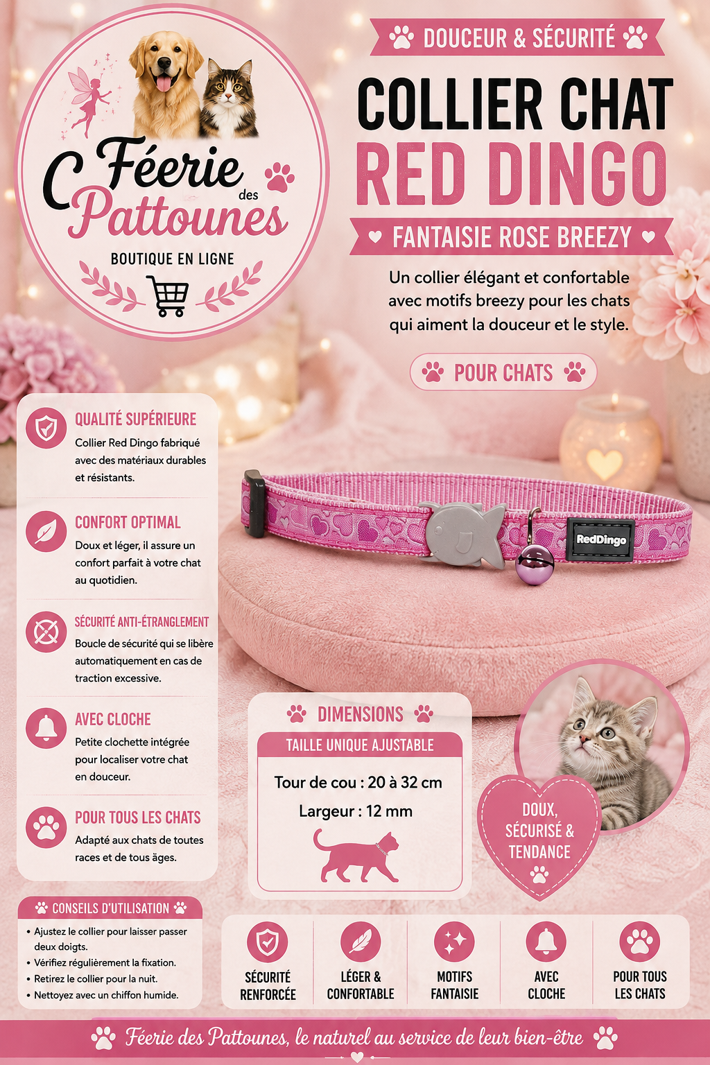 💗🐾 Collier Red Dingo Fantaisie – Rose Breezy (20 à 32 cm × 12 mm)