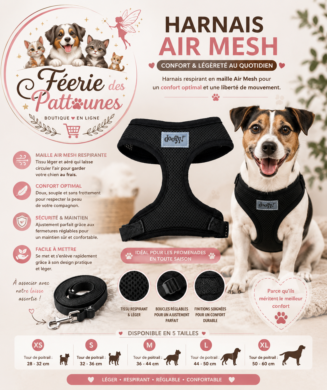 ⚫🐶 Harnais Air Mesh Classic – Noir (Tailles XS • S • M • L • XL)