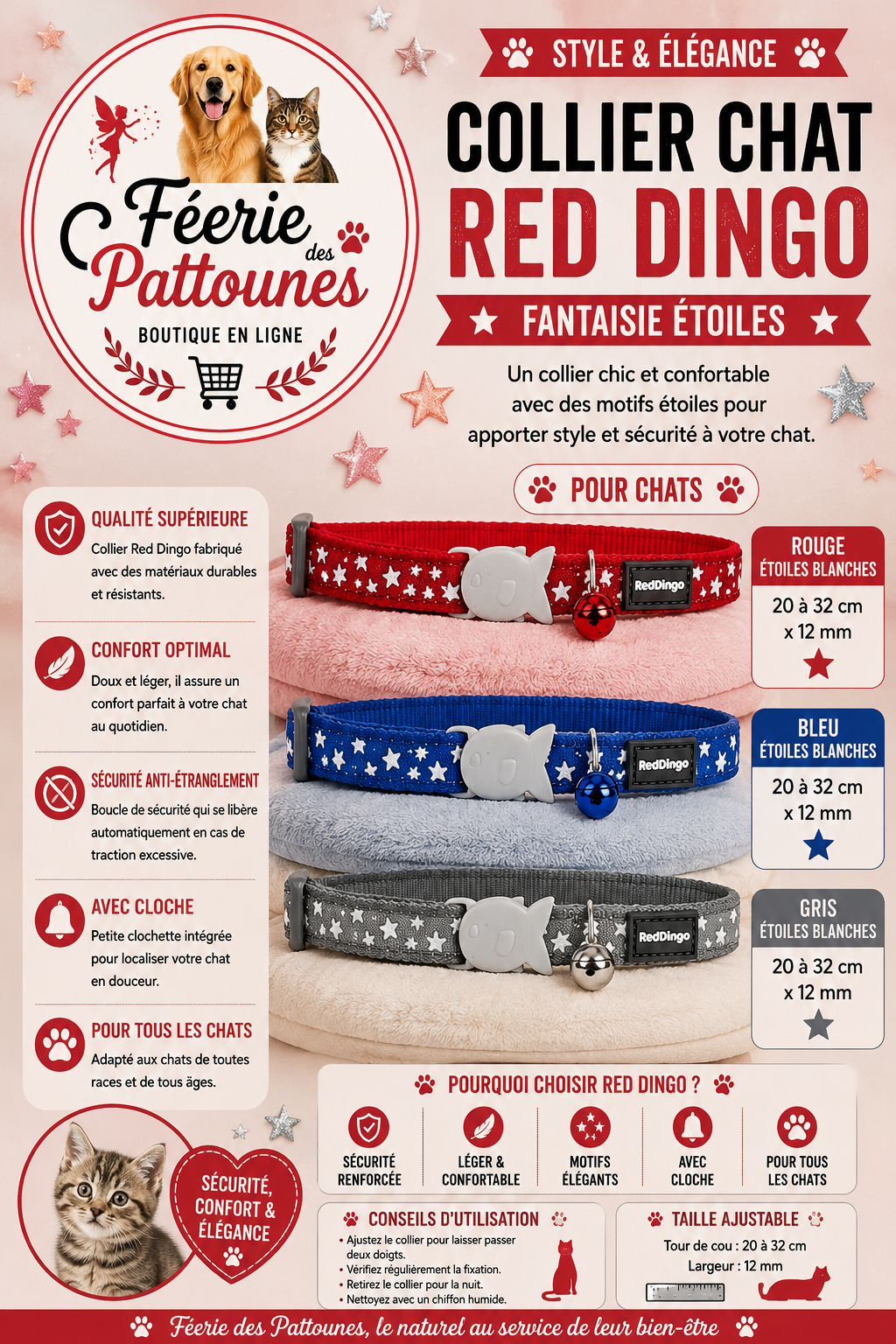 ⭐🐾 Collier Red Dingo Fantaisie – Étoiles (20 à 32 cm × 12 mm)