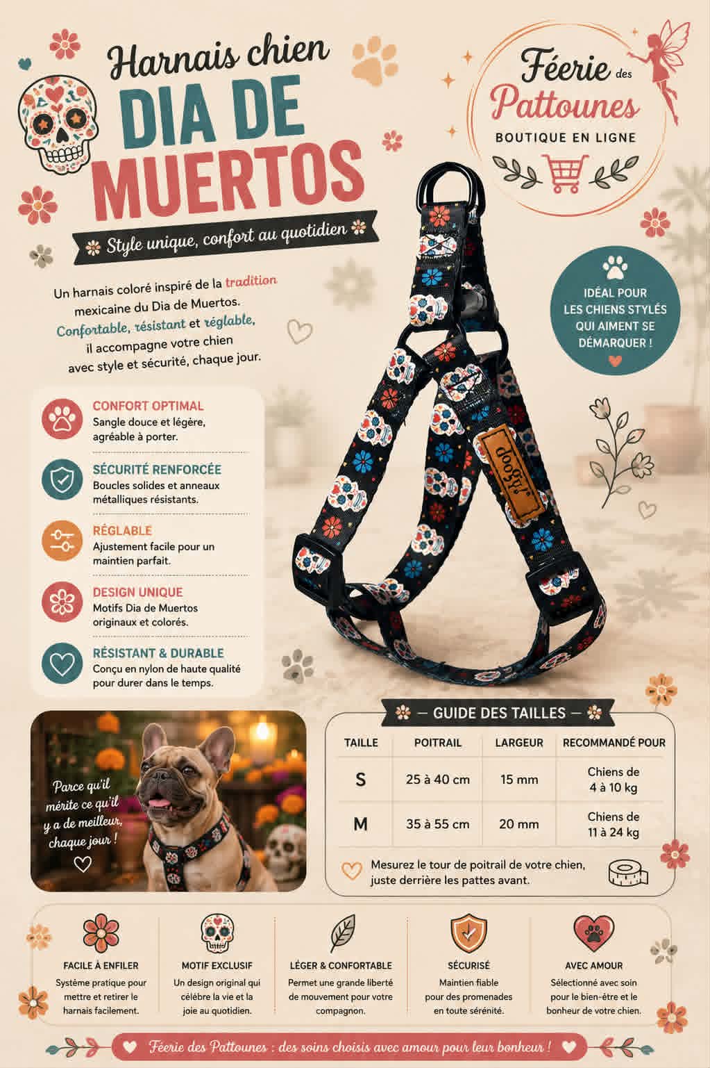 💀🌸 Harnais Dia de Muertos – Doogy (Tailles S & M)