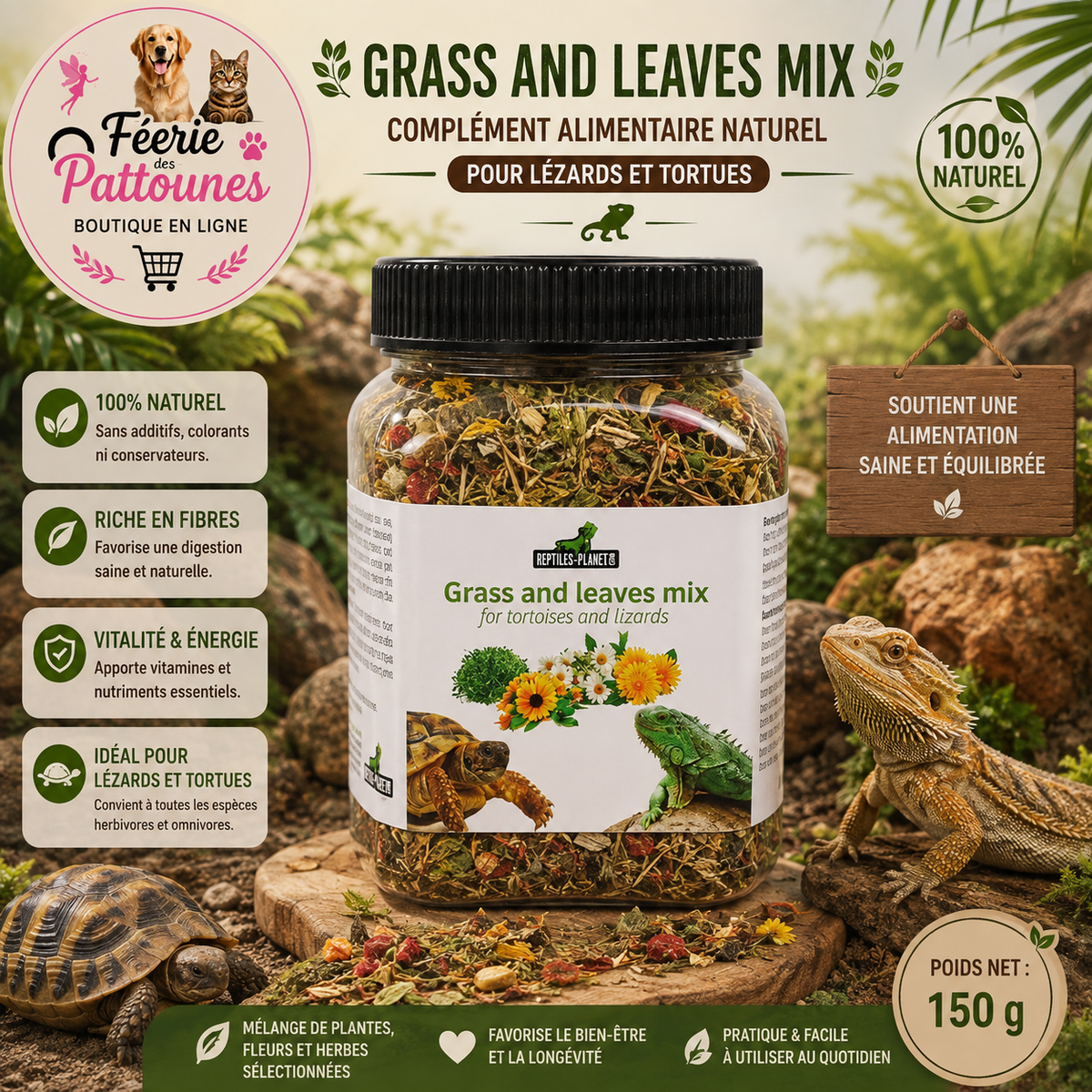 🌿🦎🐢 Grass & Leaves – Complément Alimentaire pour Lézards & Tortues – 150 g
