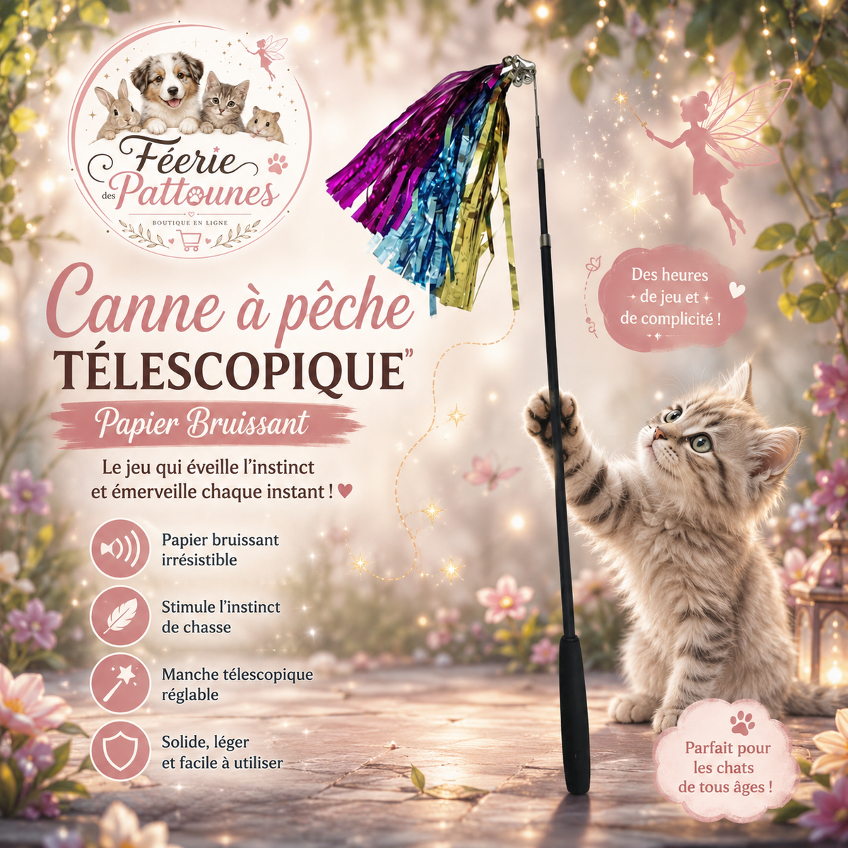 🐾 Canne à Pêche Télescopique – Papier Bruissant & Jeu Dynamique (180 cm)