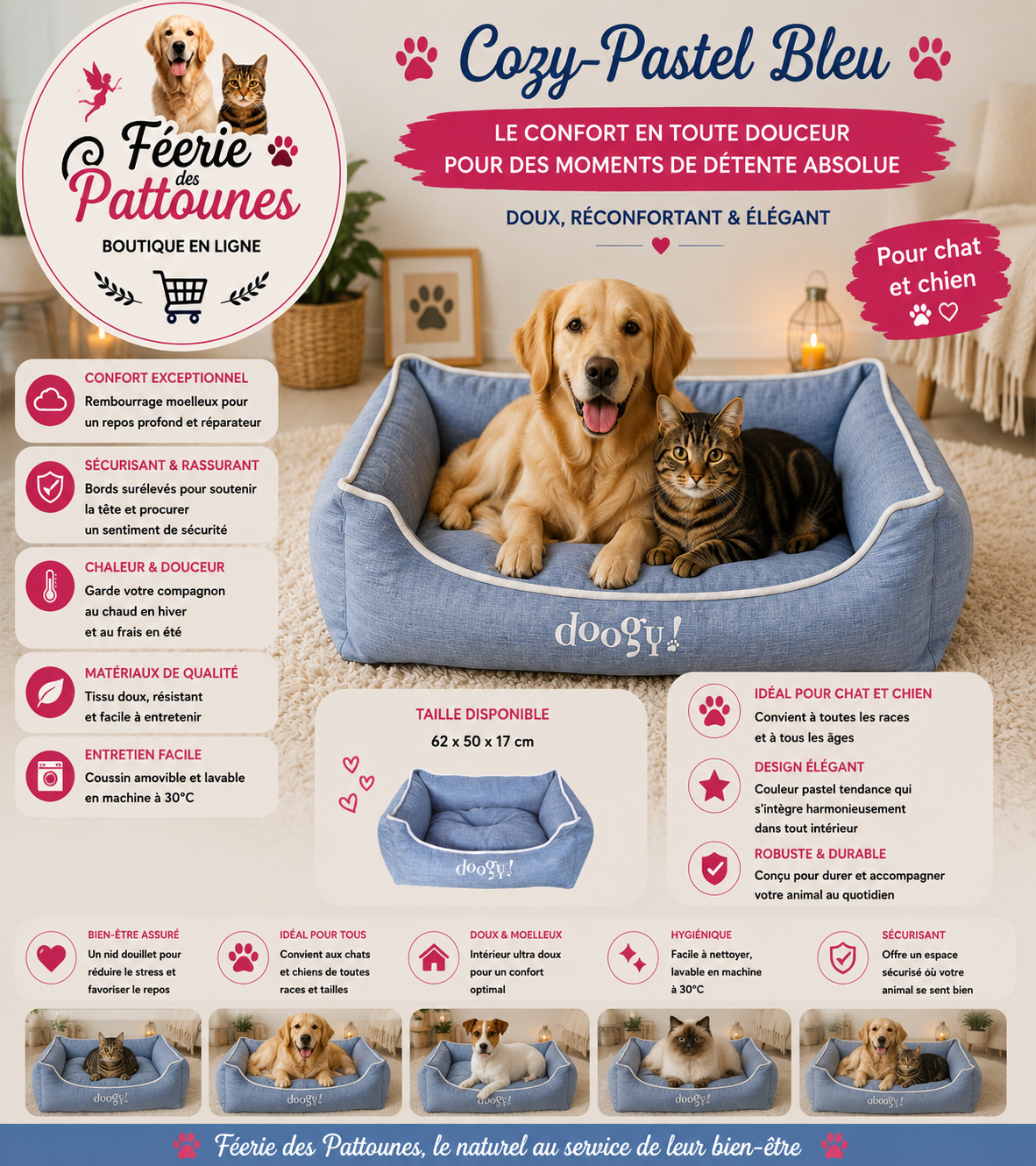 💙🐾 Sofa Cozy Pastel – Bleu (62 × 50 × 17 cm)