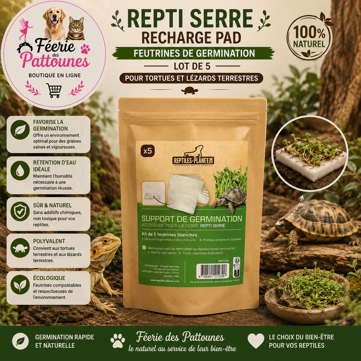 🌱🐢 Repti Serre – Recharge Pad • Feutrines de Germination (Lot de 5)