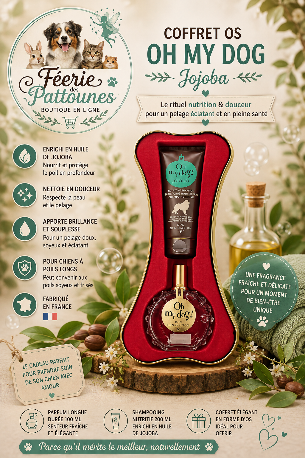 🎁 Coffret “Os” Oh My Dog – Parfum & Shampoing Jojoba (Cadeau pour Chien)