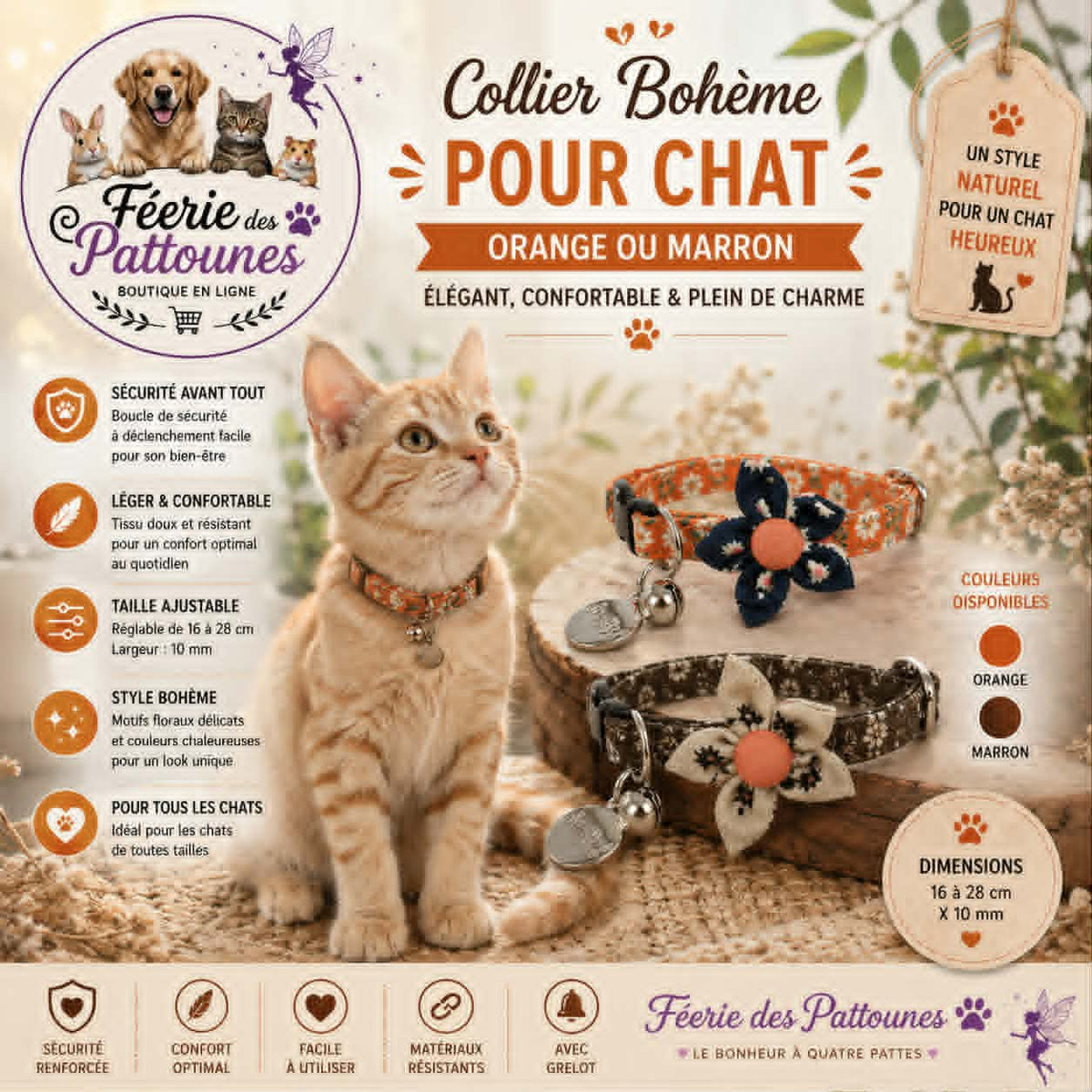🌼🤎 Collier Bohème – Pour Chat (16 à 28 cm × 10 mm)