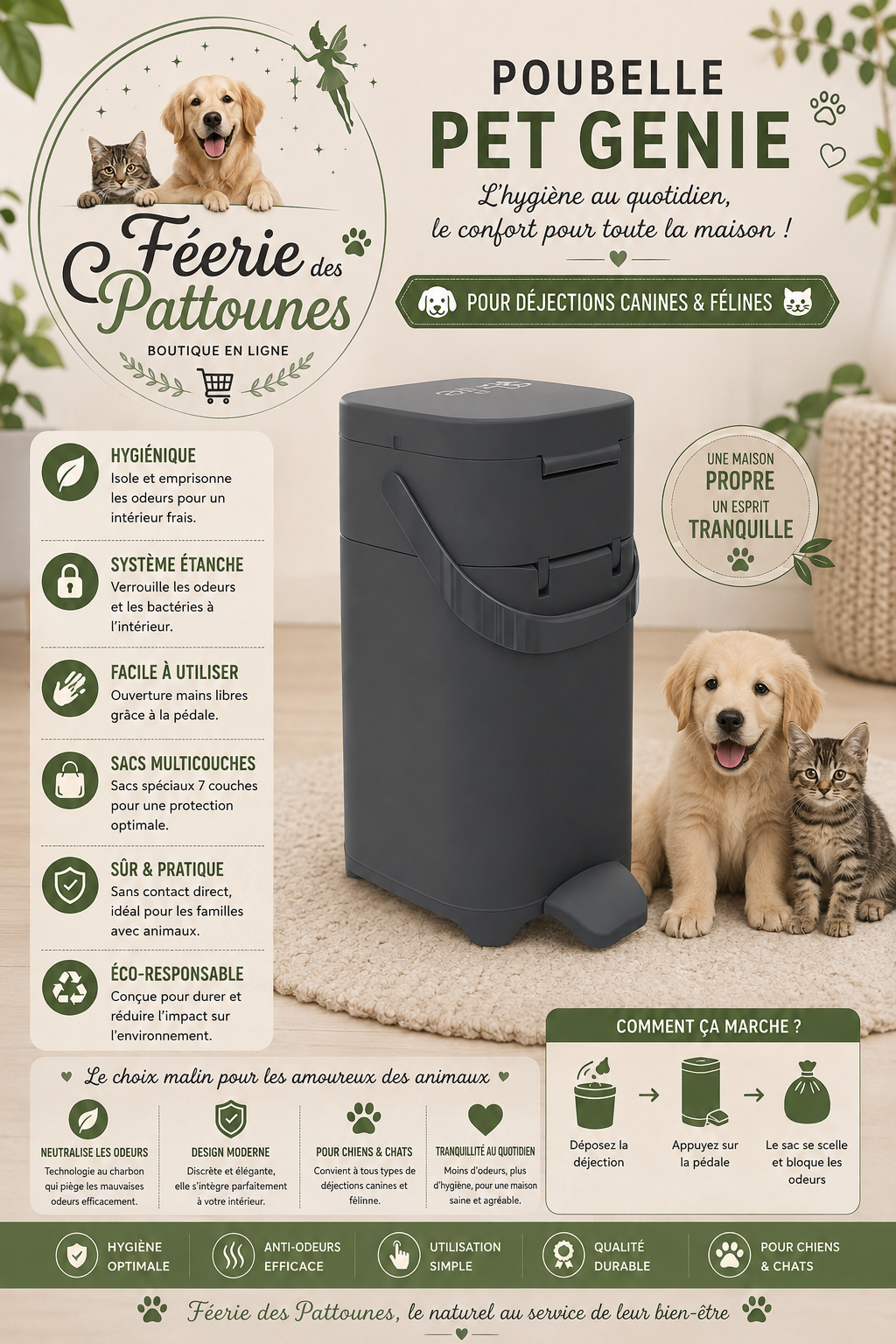 🗑️ Poubelle Pet Genie® – Gestion des Déjections Canines & Félines (Recharge 2 mois)