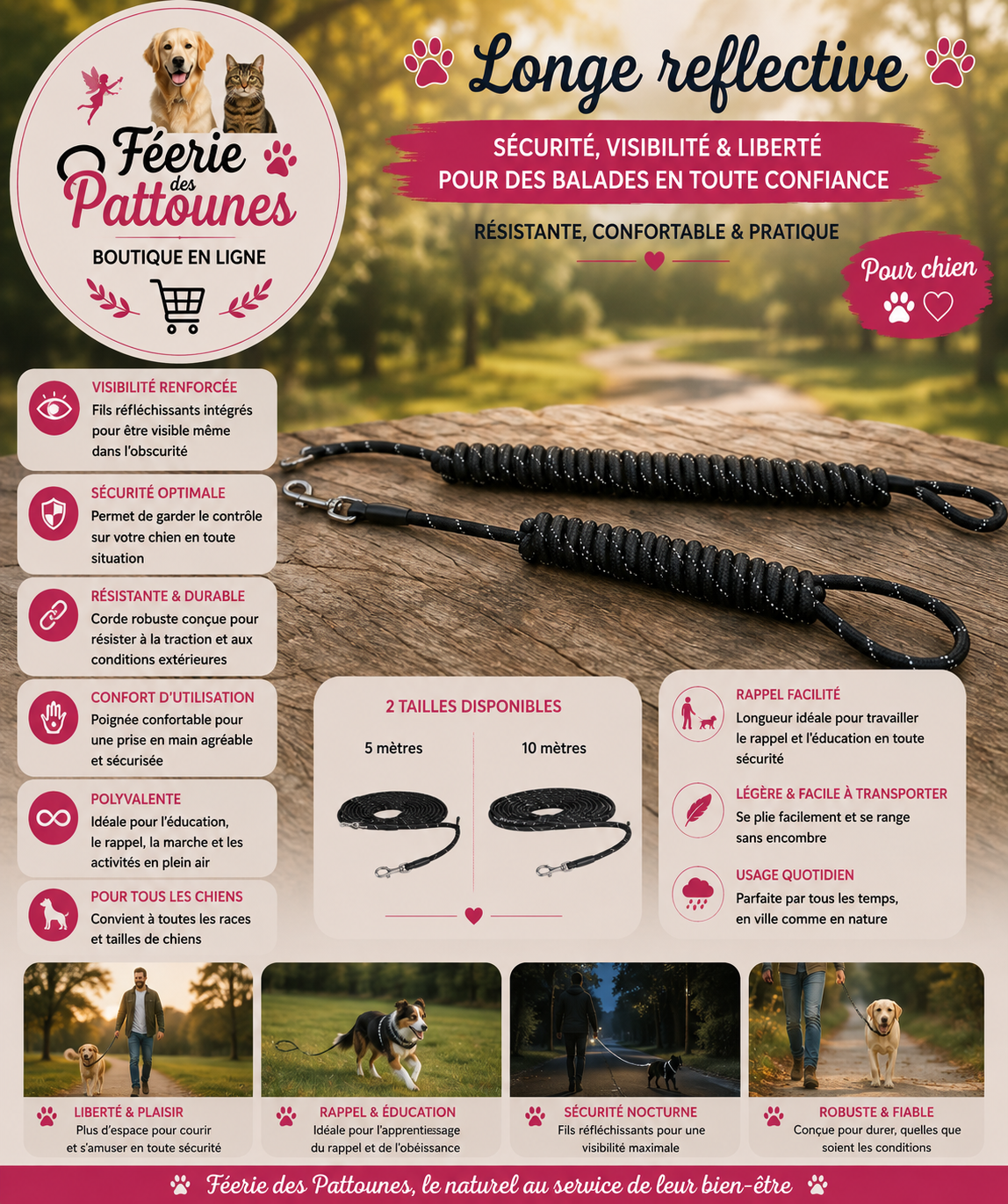🖤✨🐾 Longe Reflective – Noir (5 m ou 10 m)