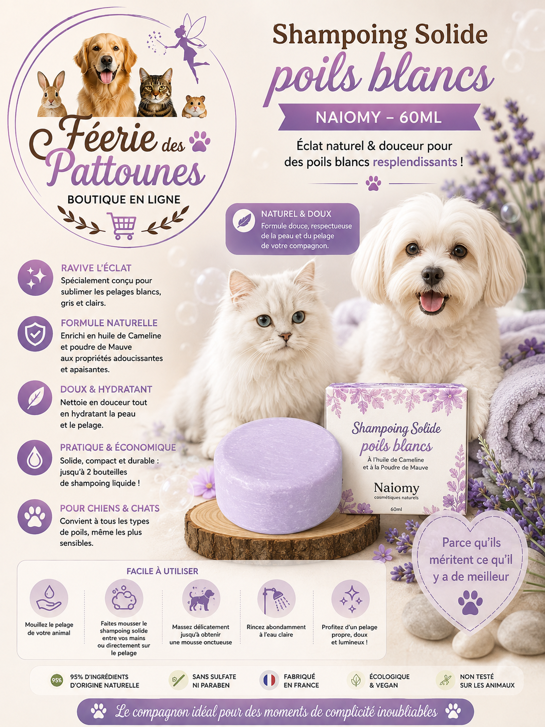 ❄️🧼🐶 Shampoing Solide Poils Blancs – Naiomy (60 ml)