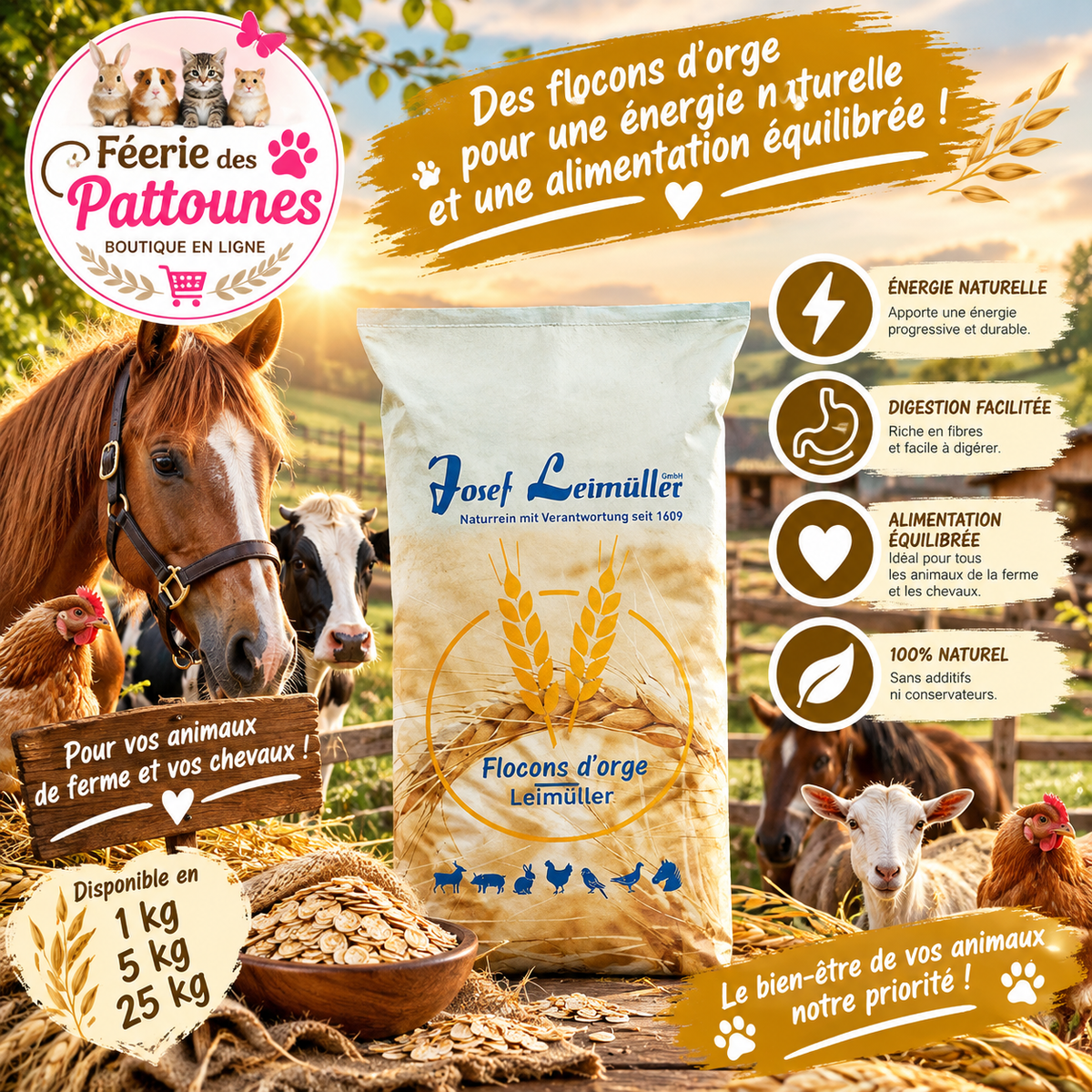 🌾🐴 Leimüller – Flocons d’Orge pour Chevaux (1 kg • 5 kg • 25 kg)