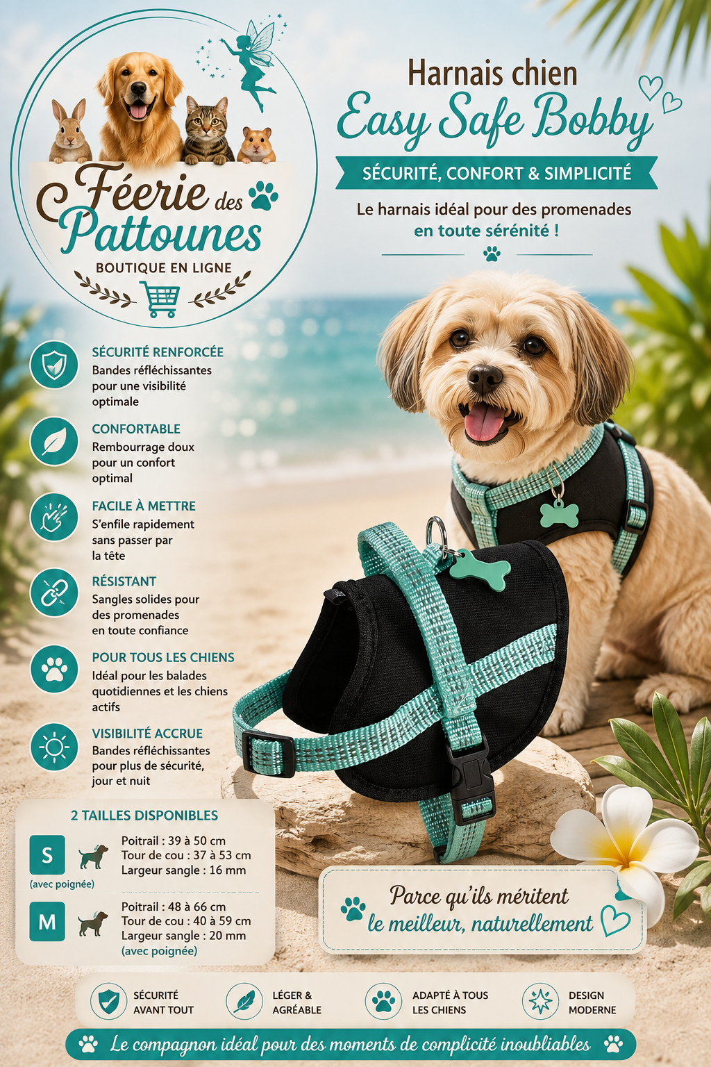 🐶 Harnais Bobby Easy Safe – Lagon (Tailles S • M)