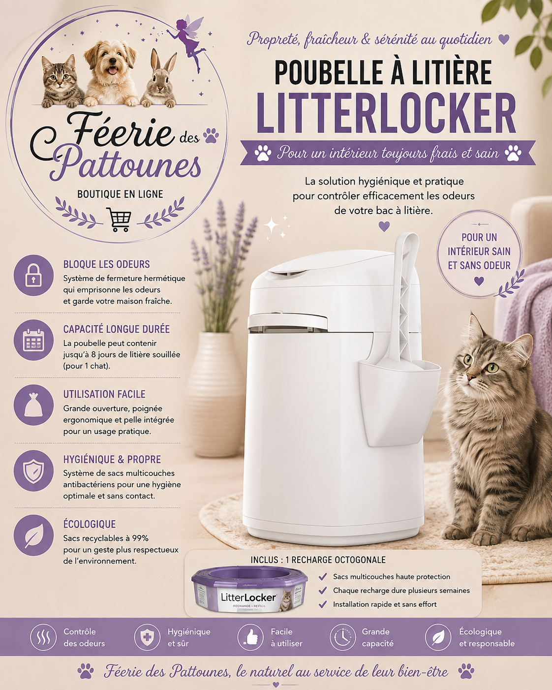 🧼 Poubelle à Litière LitterLocker – Système Tout‑en‑Un (avec Recharge Octogonale 3 mois)