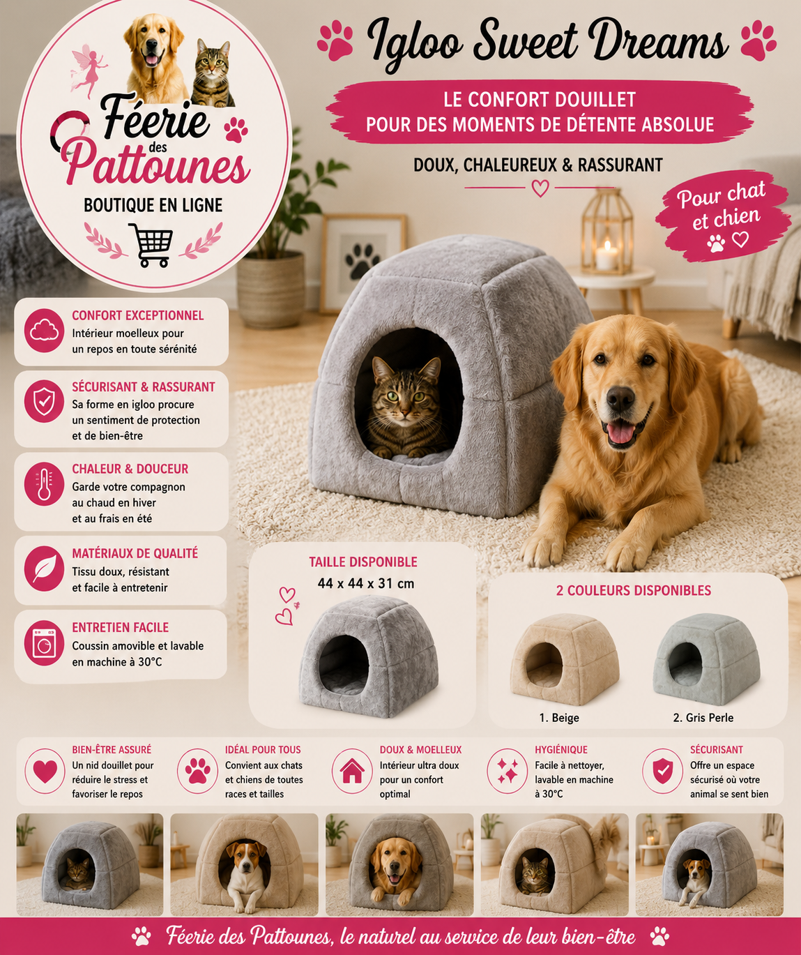 🤍🌙🐾 Igloo Sweet Dreams – 2 en 1 (Gris • Beige • Gris Perle • 44 × 44 × 31 cm)