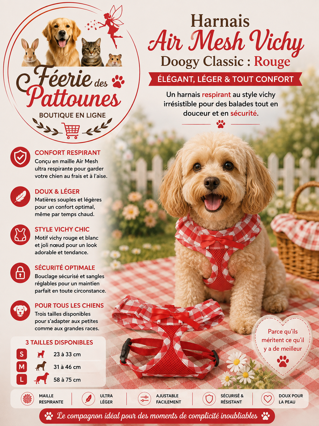 ❤️🐶 Harnais Air Mesh Vichy  – Rouge