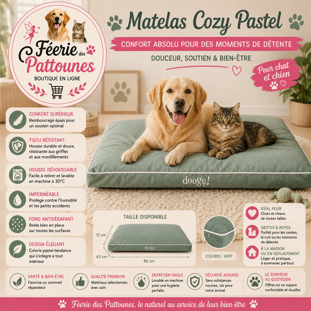 💚🐾 Matelas Cozy Pastel – Vert (86 × 63 × 12 cm)