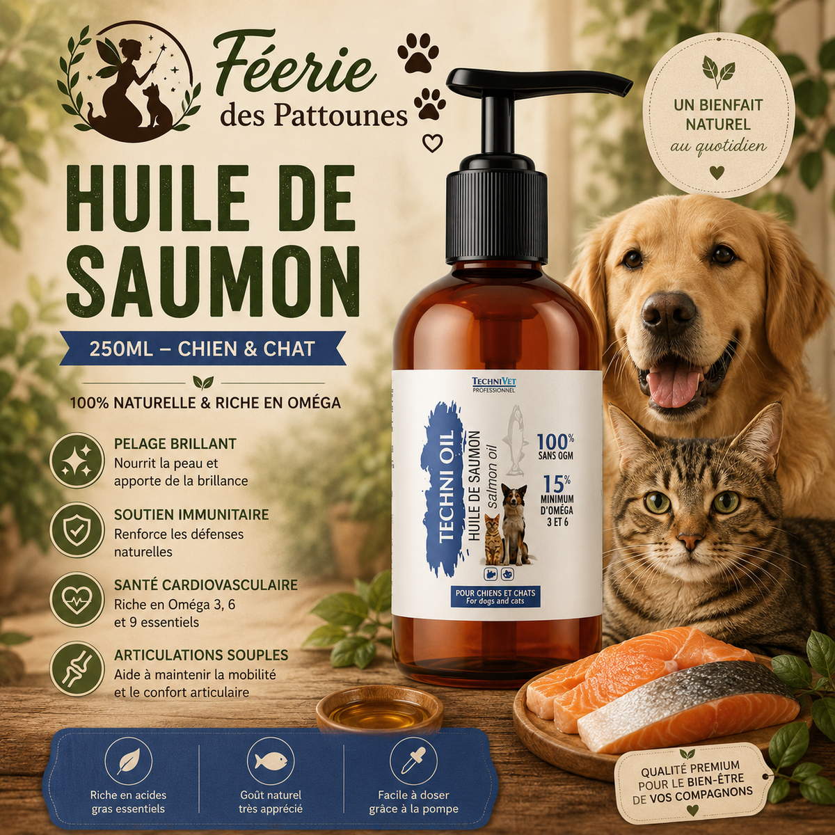 🐟 Huile de Saumon TECHNIVET – 250 ml (Complément Alimentaire Chiens & Chats)