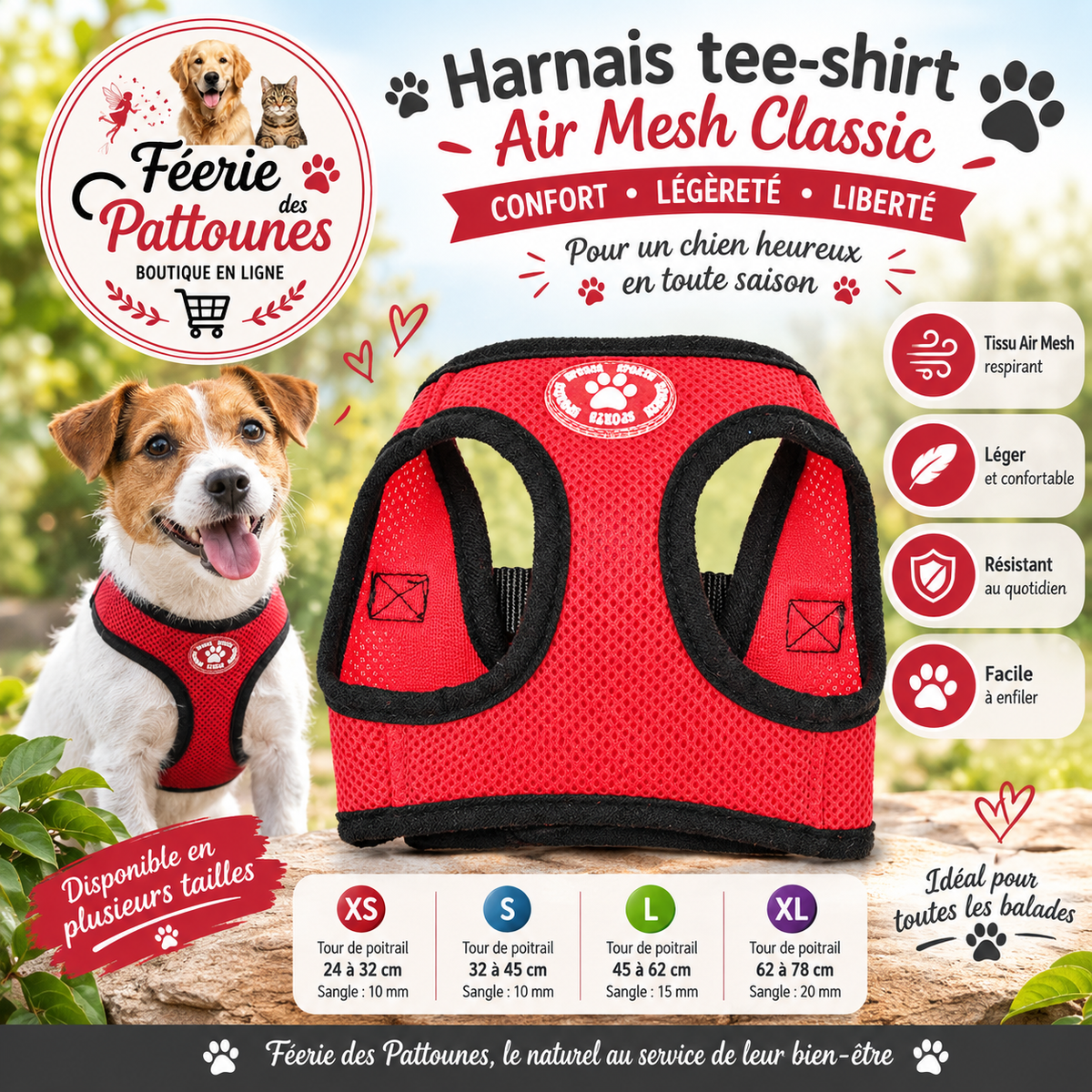 🔴🐶 Harnais Tee‑shirt Air Mesh Classic – Rouge (Tailles XS • S • L • XL)