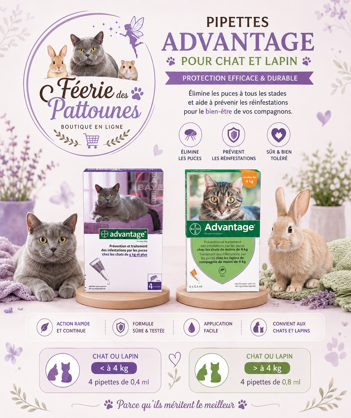 🛡️🐱 Pipettes Advantage – Chat & Lapin (4 pipettes)