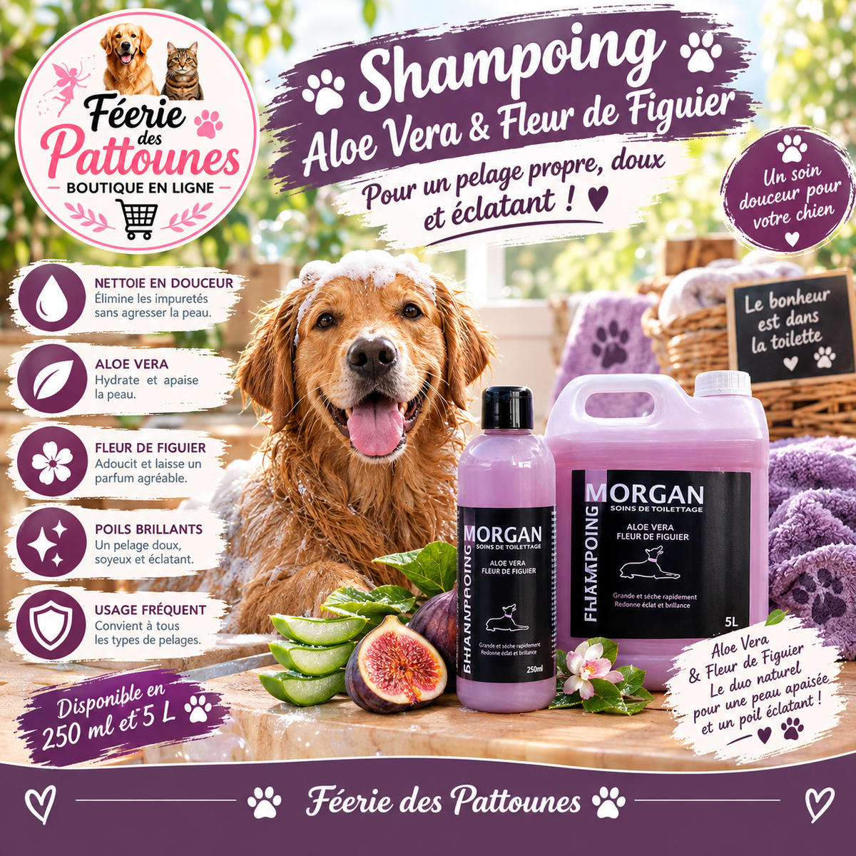 🐾🌿 Shampoing Morgan – Aloe Vera & Fleur de Figuier (250 ml • 5 L)