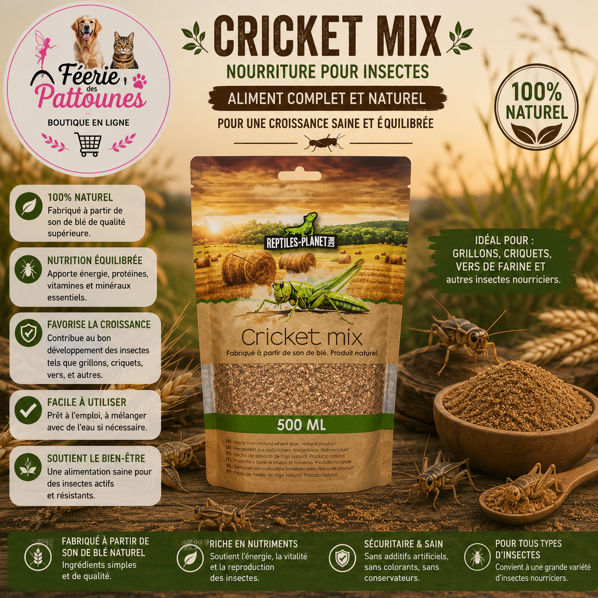🦗🌾 Cricket Mix – Nourriture pour Insectes – 500 ml